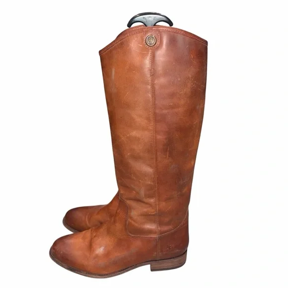 Frye Cognac Leather Melissa Button 2 Distressed Tall Riding Boots size 10 - Picture 3 of 10